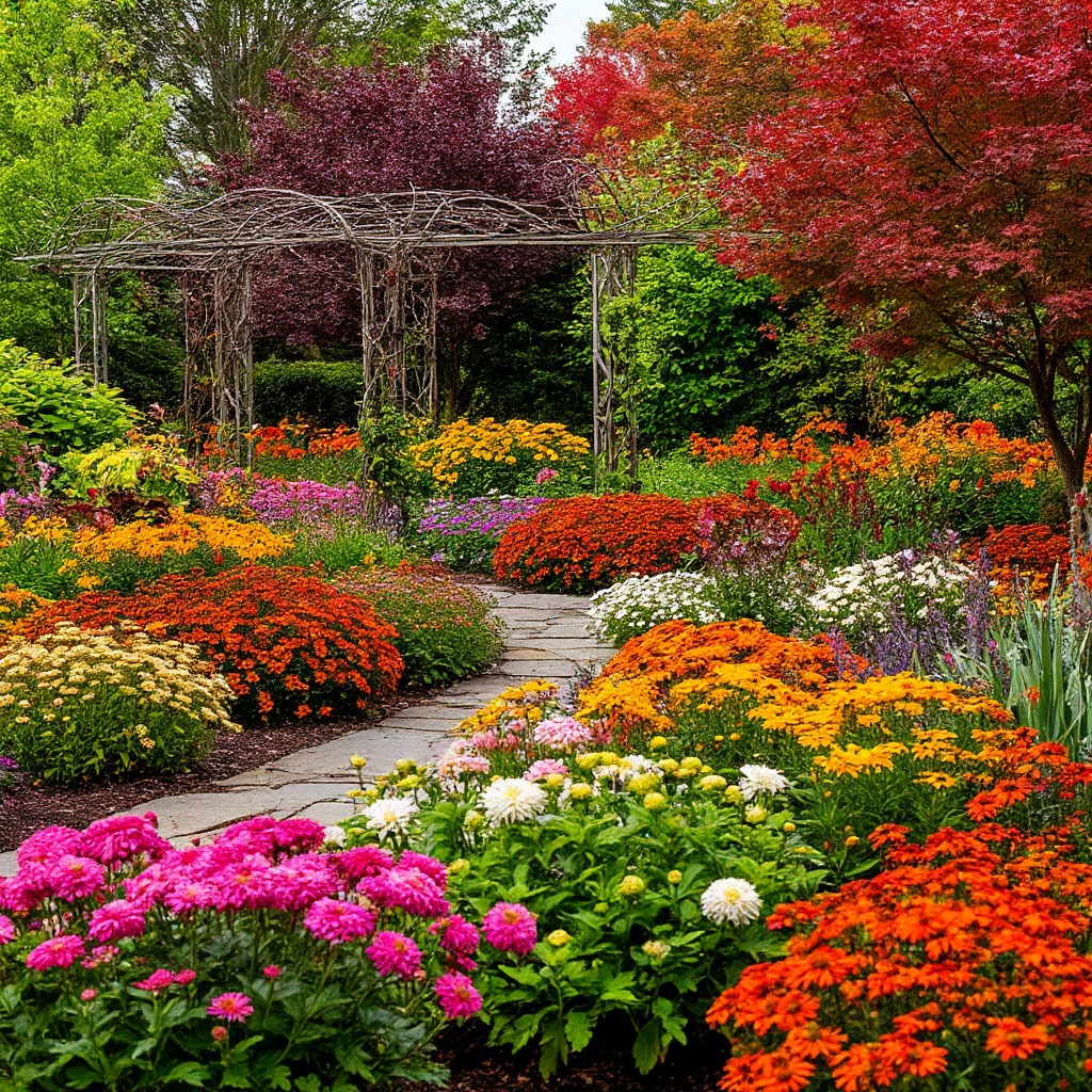 Four-season garden showing spring blooms, summer growth, autumn colors, and winter structure
