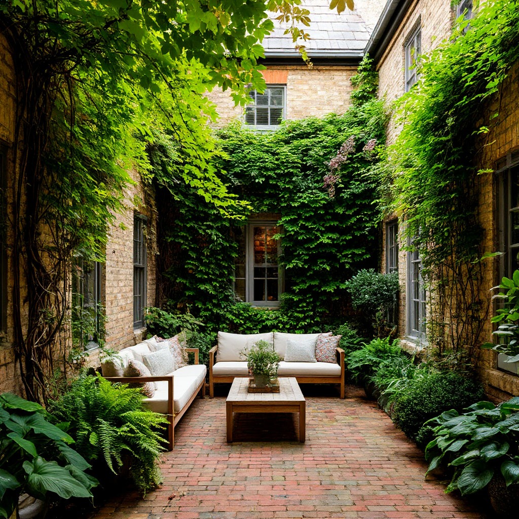 Sarah's transformed courtyard with lush greenery, climbing plants and seating area