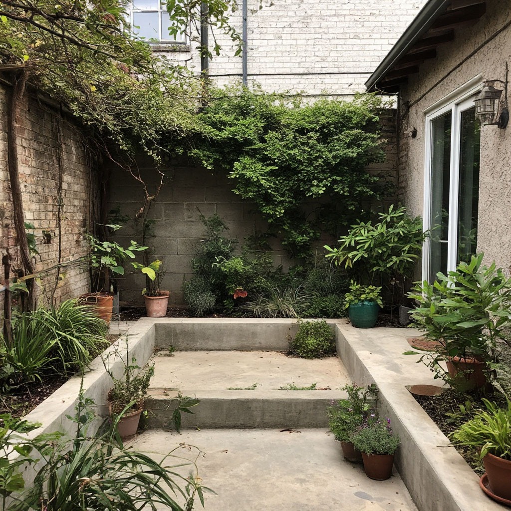 Sarah's courtyard before transformation showing bare concrete and minimal plants