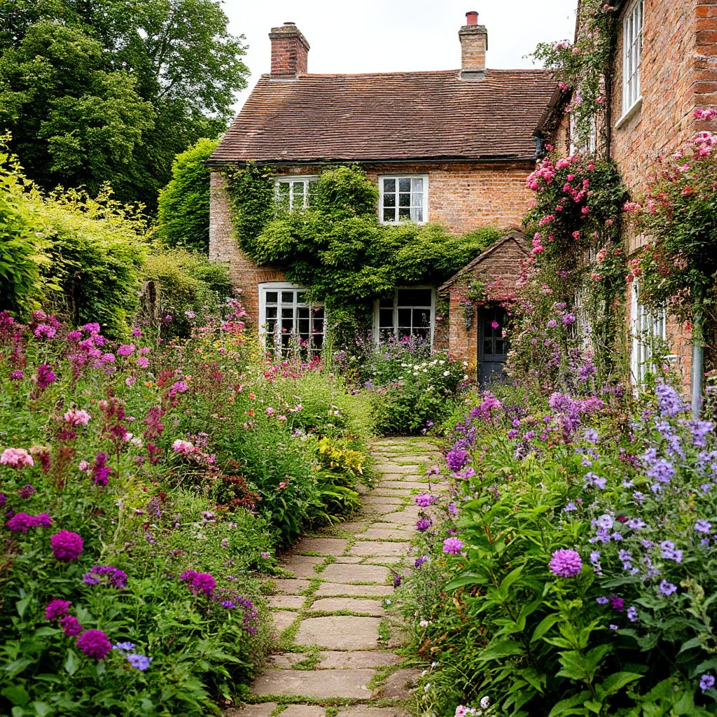 Traditional English cottage garden with mixed borders