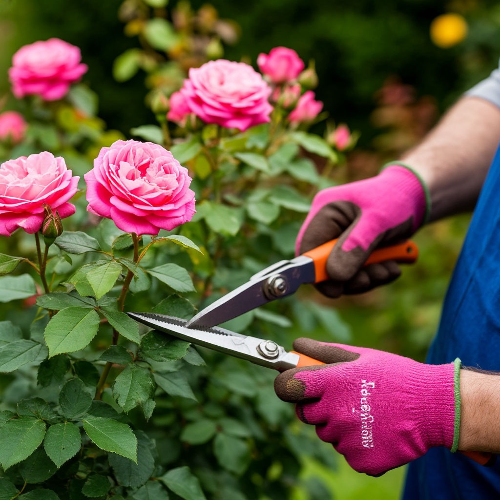 Gardener pruning roses with professional tools